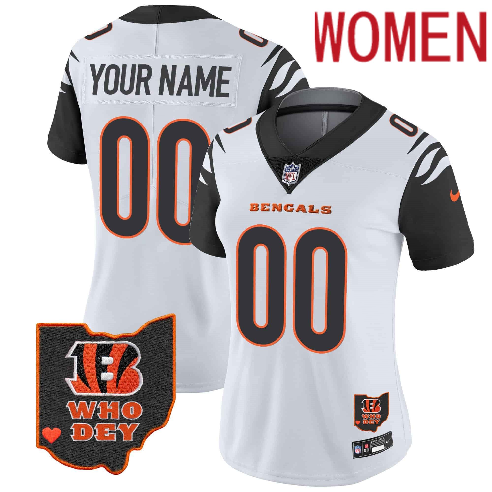 Women Cincinnati Bengals White 2024 Nike Patch Vapor Limited Custom NFL Jersey style 1